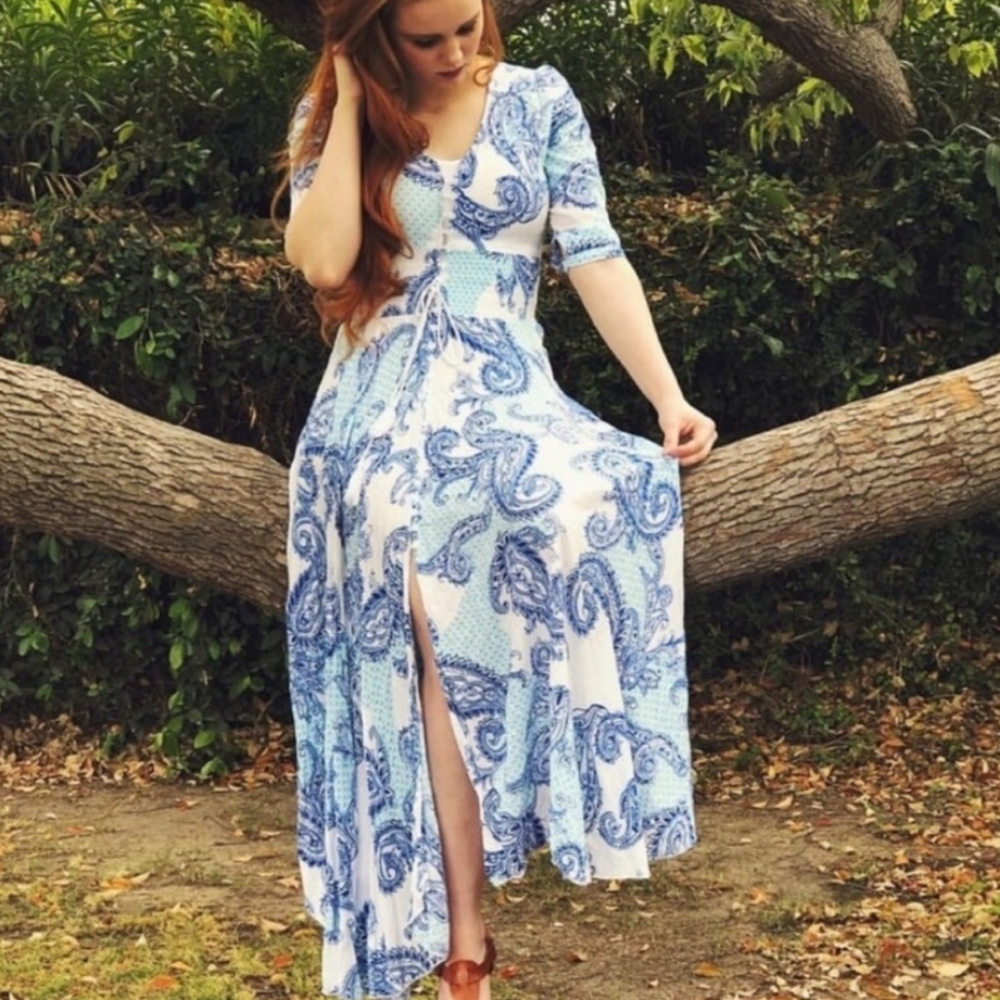 Jaase blue and white paisley Indiana maxi dress